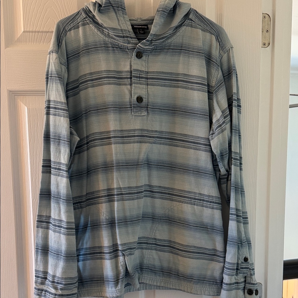 Men's Light Blue Striped Hooded Button Pullover Shirt